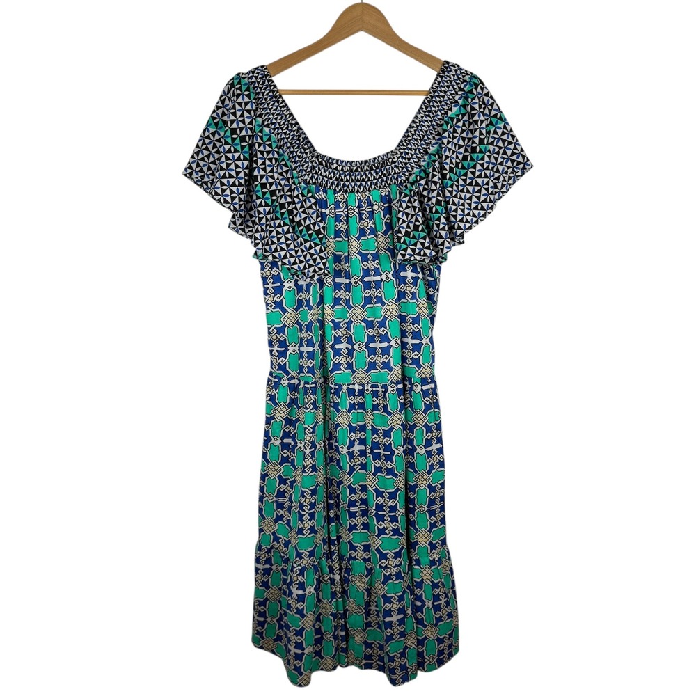 NWT Ro's Garden Jenna Dress Ivan Blue Size‎ Medium Smocked Geometric Boho Chic